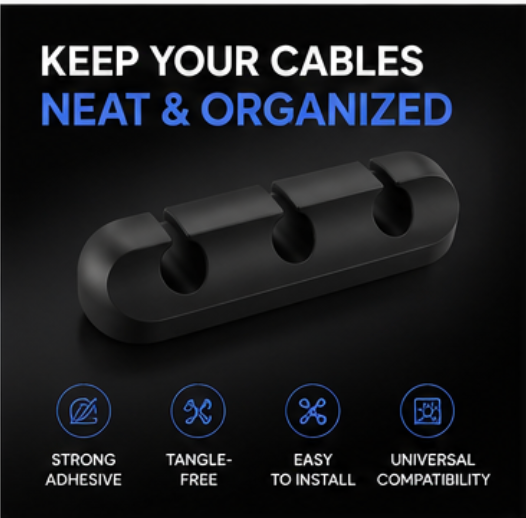 Adhesive Desk Cord Clips for Cable Management - Black