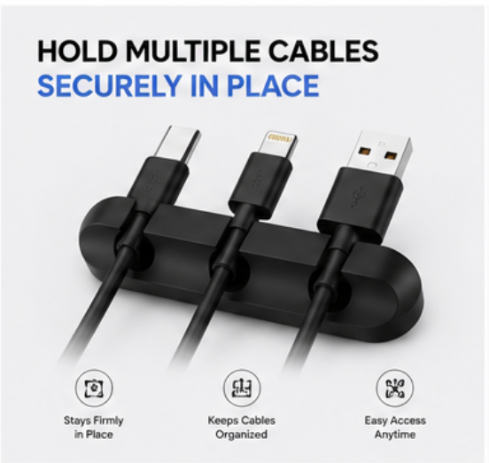 Adhesive Desk Cord Clips for Cable Management - Black