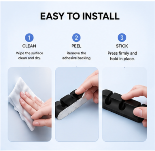 Adhesive Desk Cord Clips for Cable Management - Black