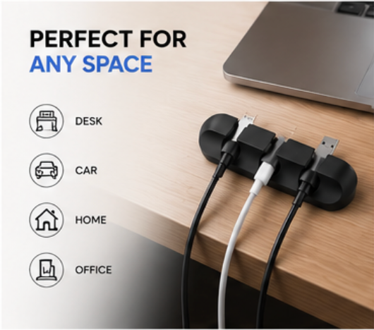 Adhesive Desk Cord Clips for Cable Management - Black