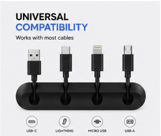 Adhesive Desk Cord Clips for Cable Management - Black