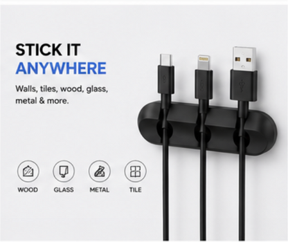 Adhesive Desk Cord Clips for Cable Management - Black